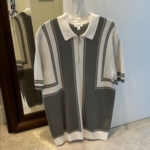 Reiss Gray and White Zip-Up Short Sleeve Knit Sweater